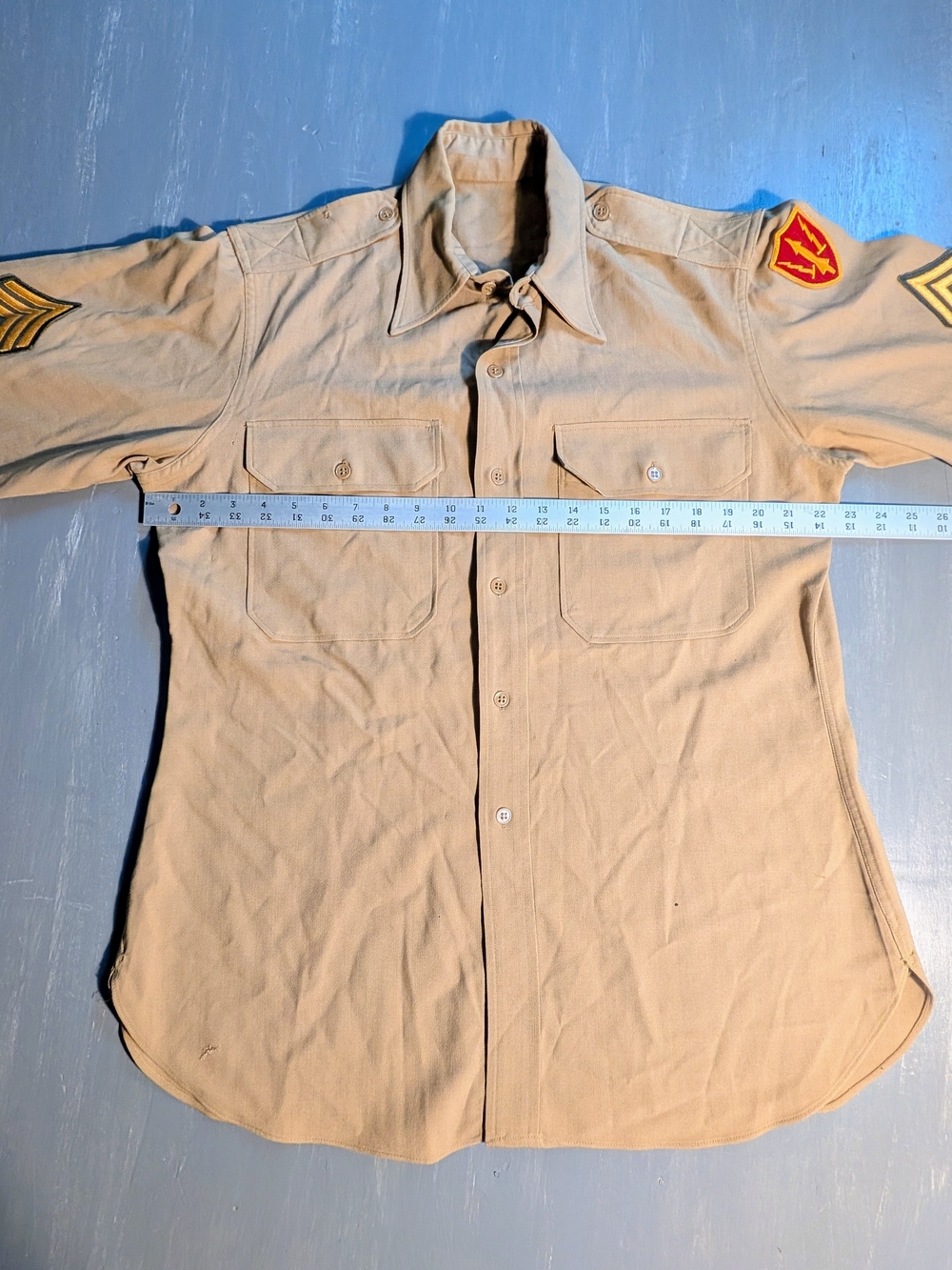 Men's Tan U.S. Military Button-Up Dress Shirt with patches, See pics for size.